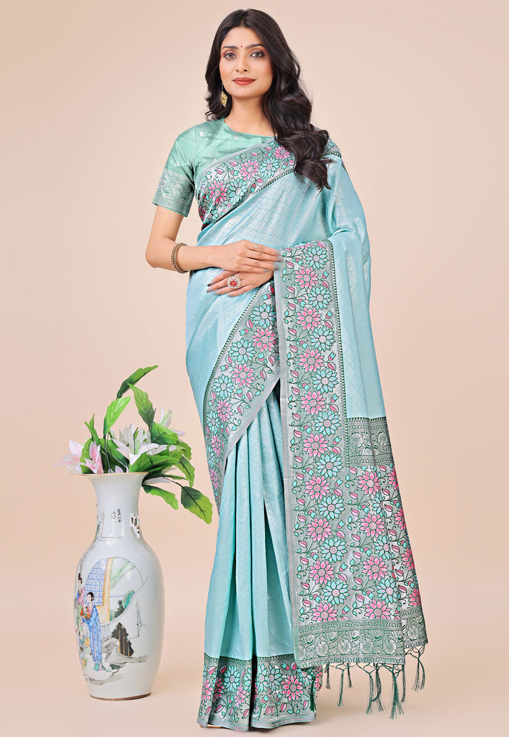 Sky Blue Silk Saree With Blouse 312157