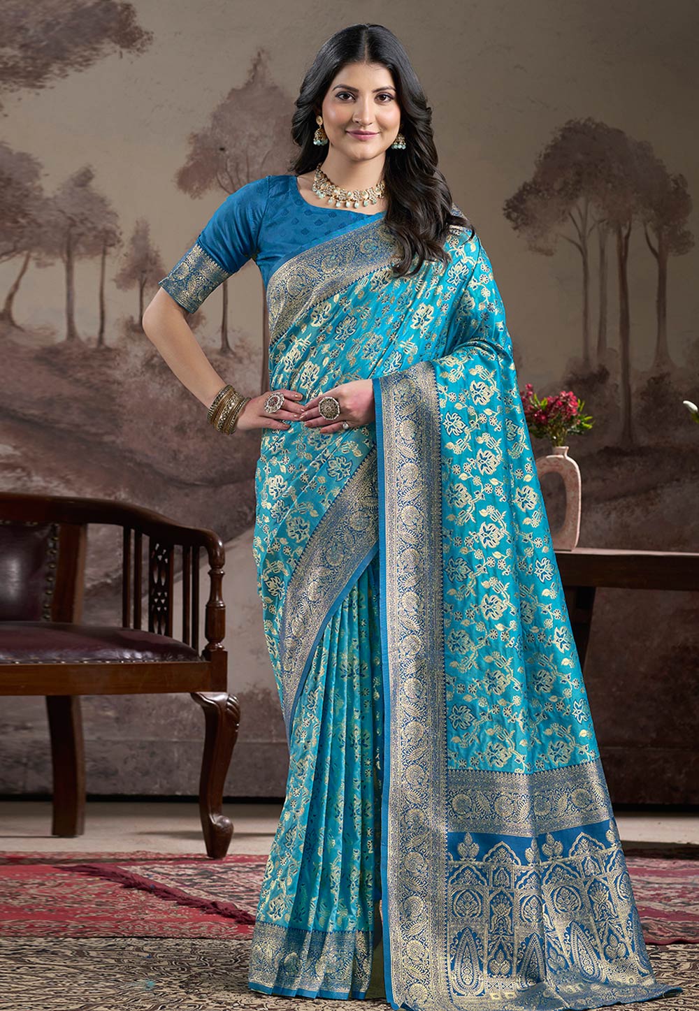 Sky Blue Silk Saree With Blouse 312163