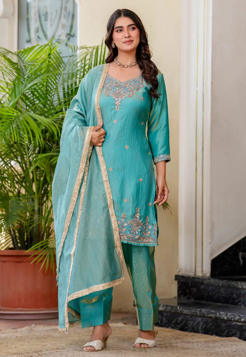 Sky Blue Silk Satin Readymade Patiala Suit 335505