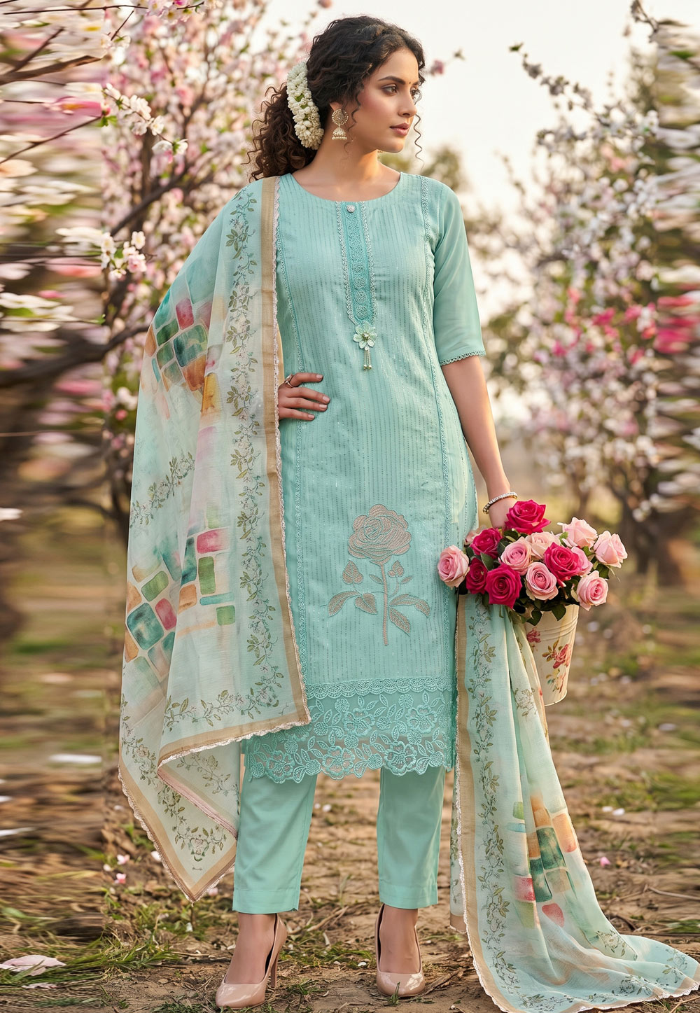 Sky Blue Silk Straight Suit 327456