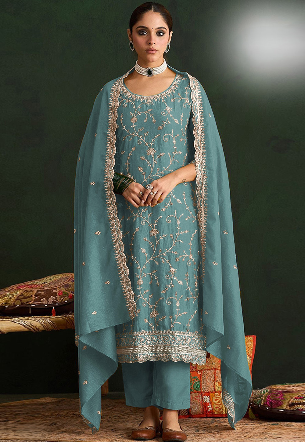 Sky Blue Silk Straight Suit 330109