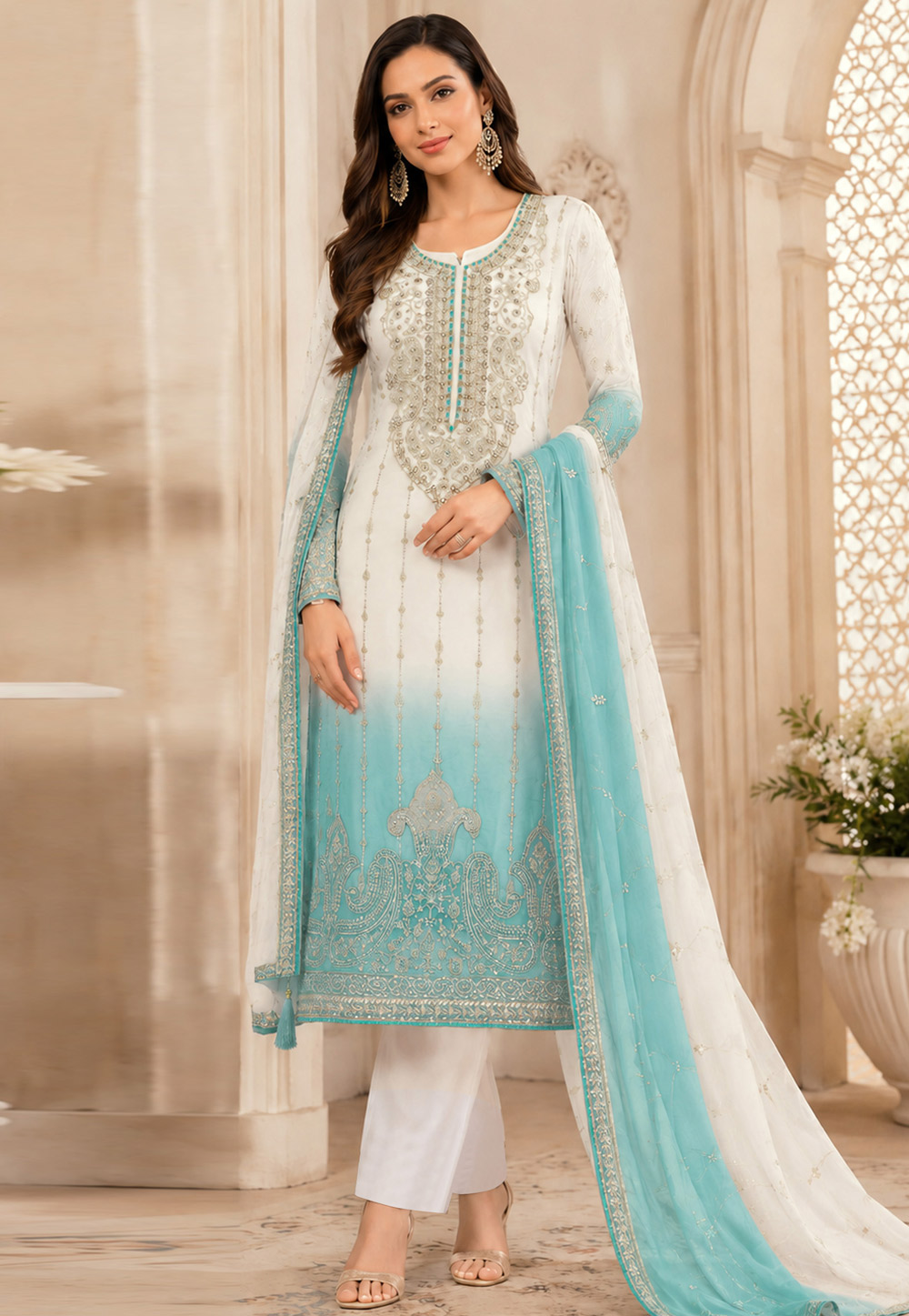 Sky Blue Silk Straight Suit 330368