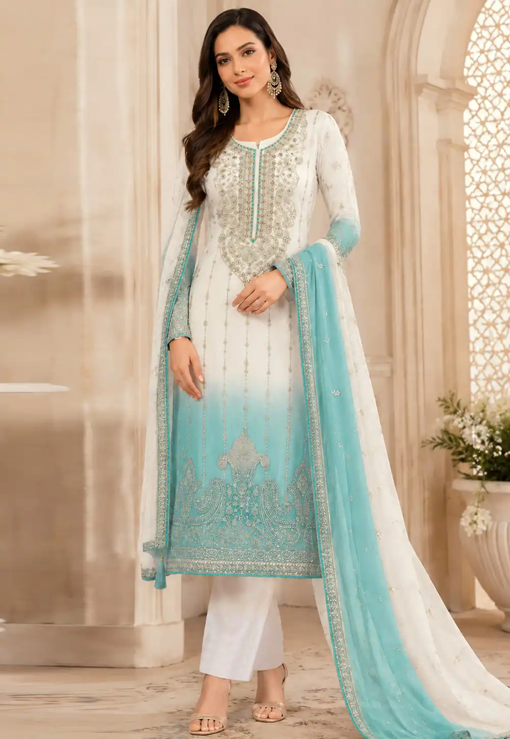 Sky Blue Silk Straight Suit 330368