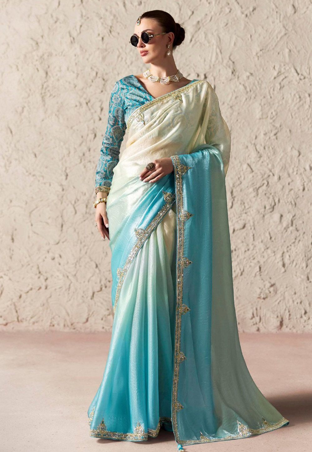 Sky Blue Tissue Half N Half Saree 327890