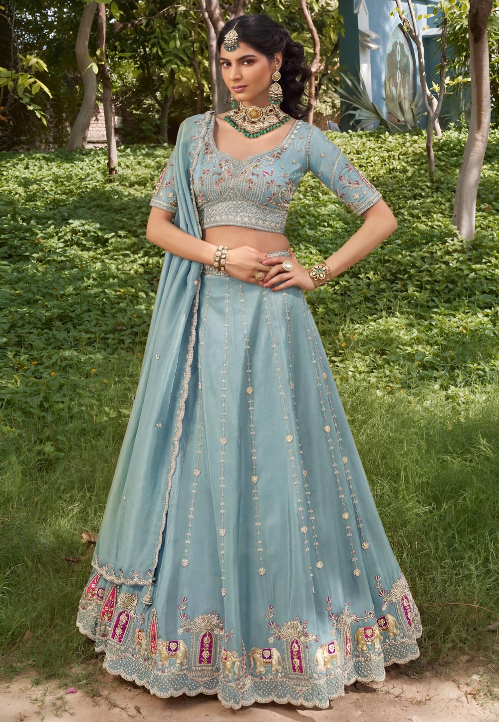 Sky Blue Tissue Lehenga Choli 329227
