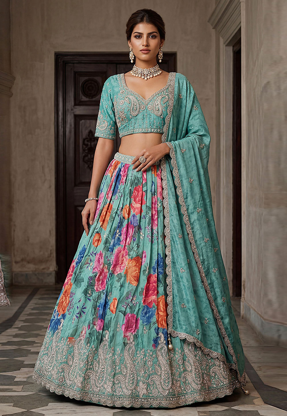 Sky Blue Tissue Lehenga Choli 329239