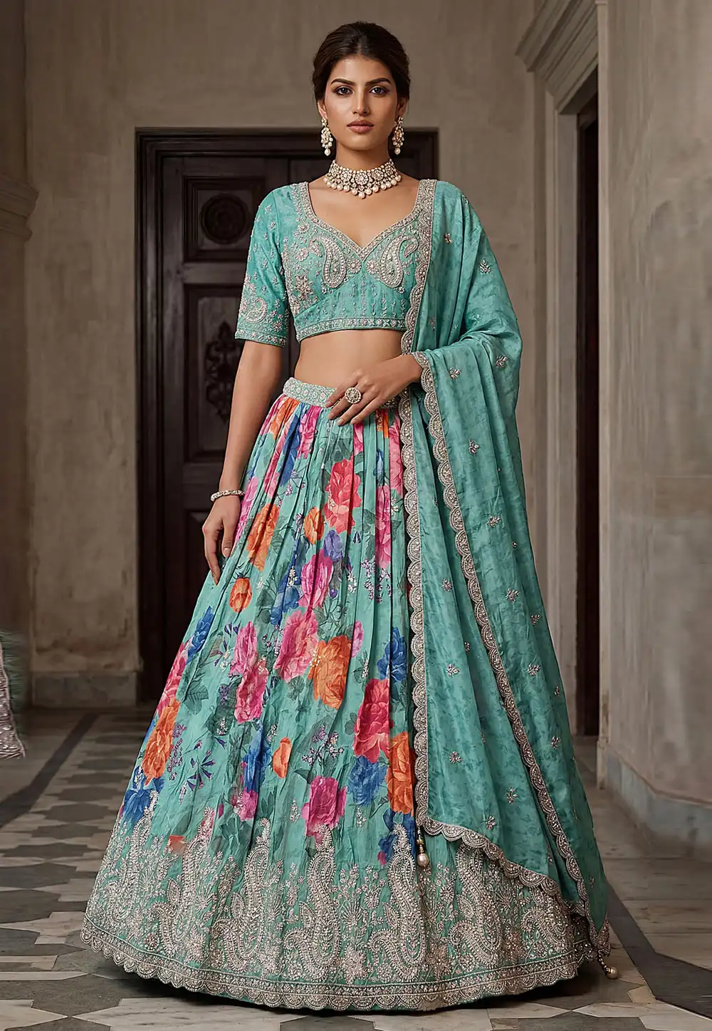 Sky Blue Tissue Lehenga Choli 329239