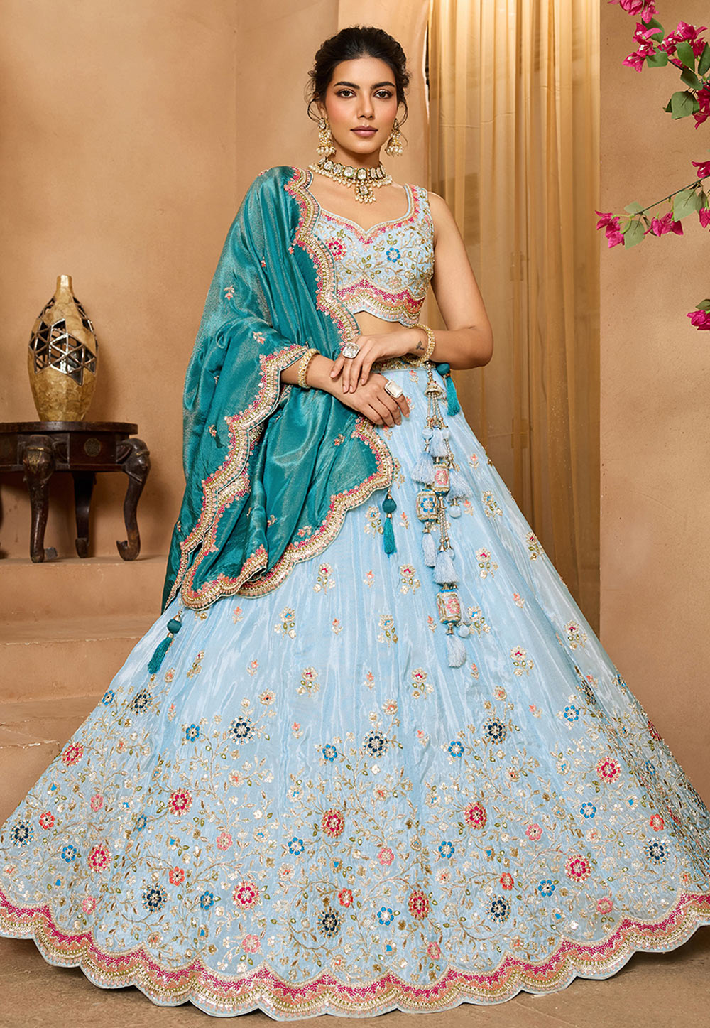 Sky Blue Tissue Lehenga Choli 318087
