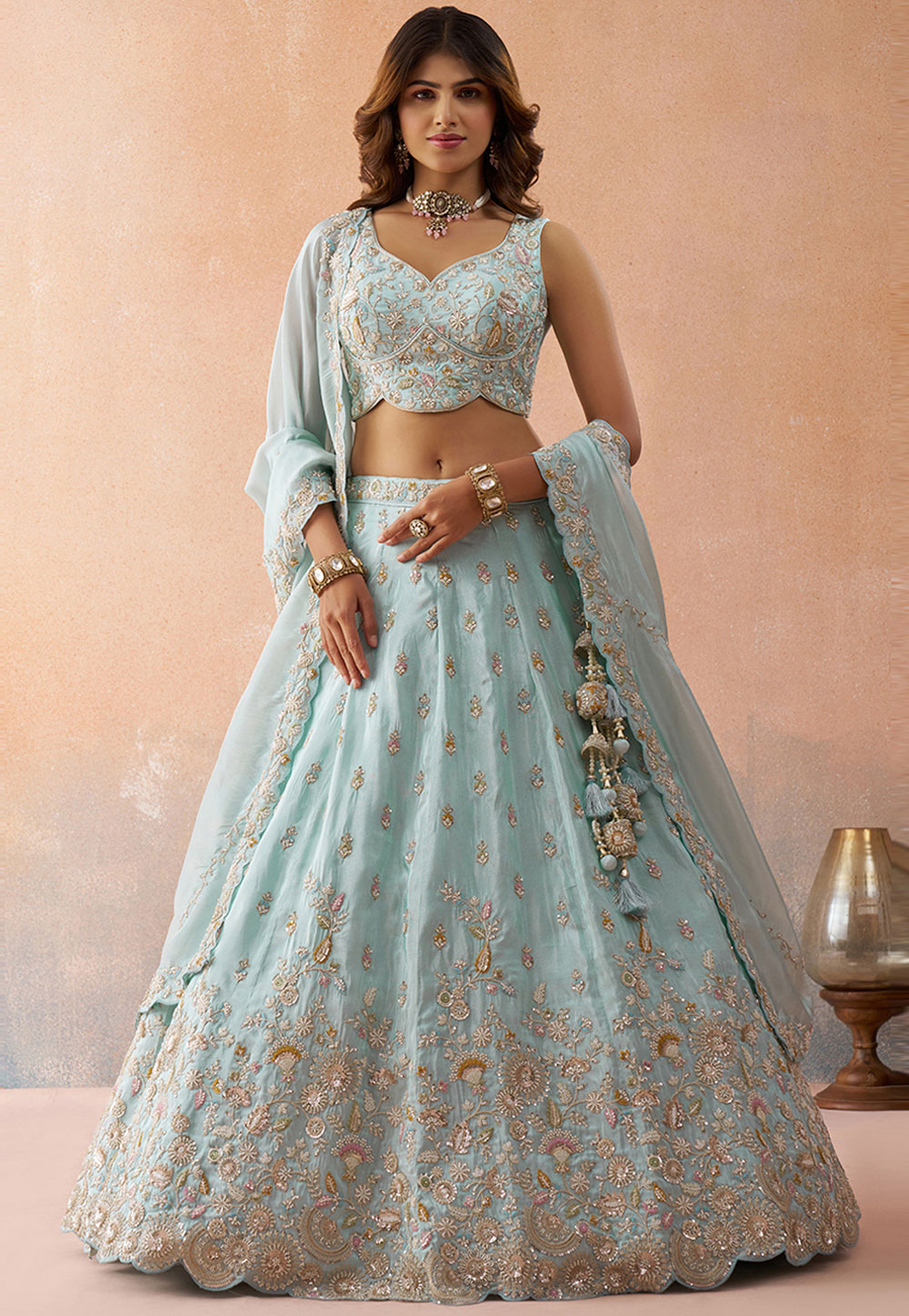 Sky Blue Tissue Lehenga Choli 326151