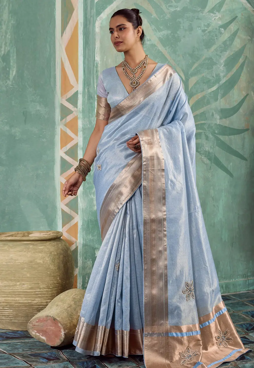 Sky Blue Tissue Saree With Blouse 332236