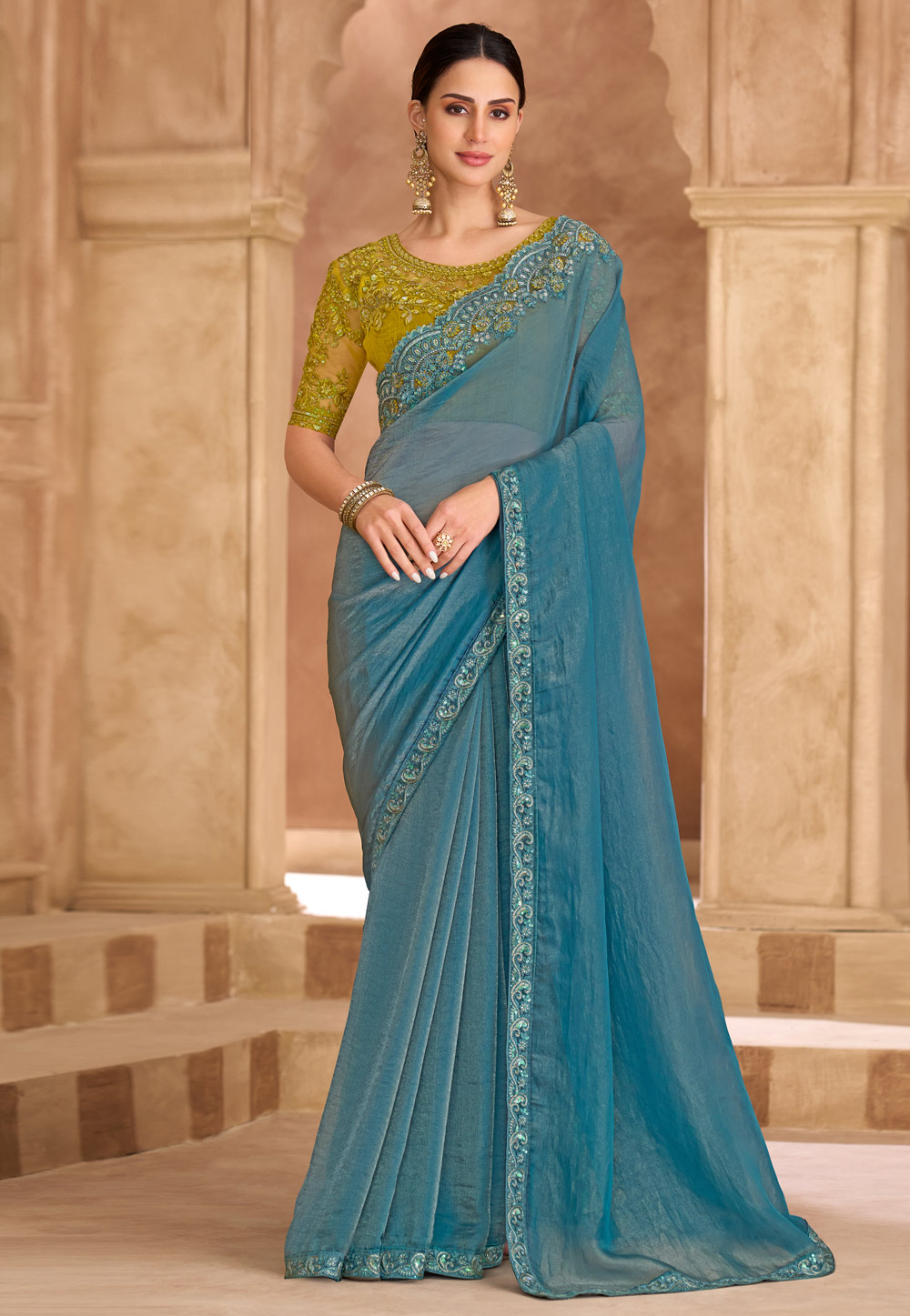 Sky Blue Tissue Saree With Blouse 324679