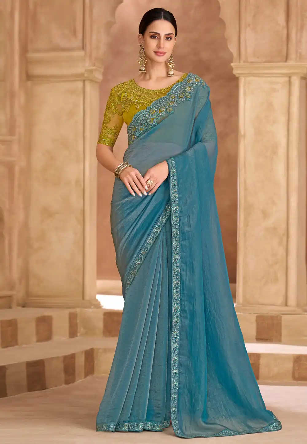 Sky Blue Tissue Saree With Blouse 324679