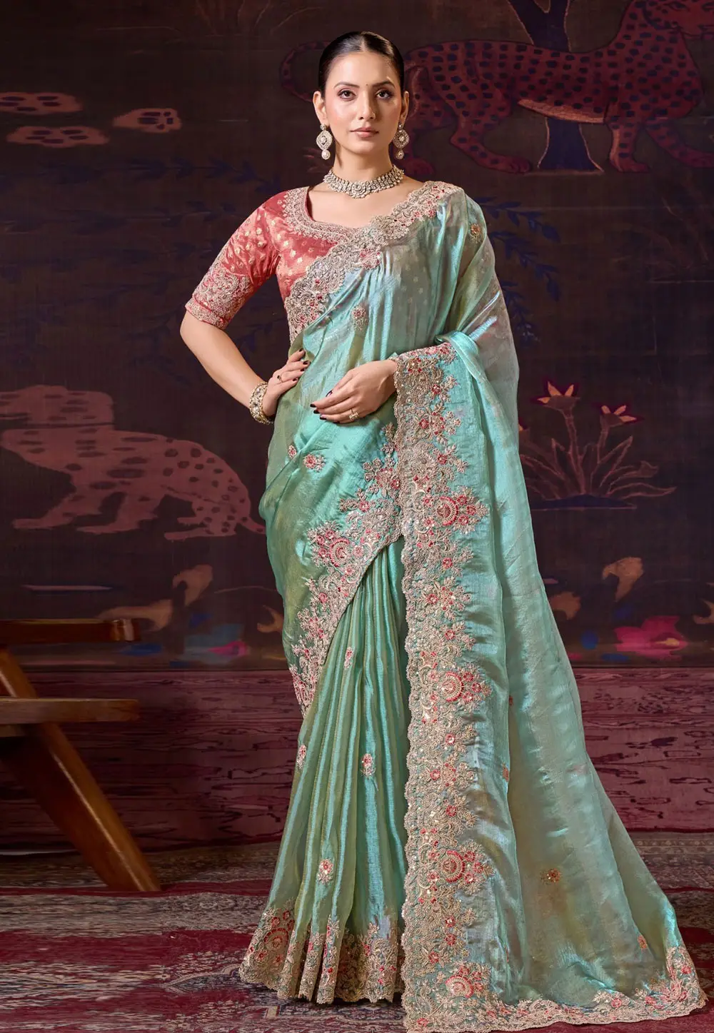 Sky Blue Tissue Saree With Blouse 336988