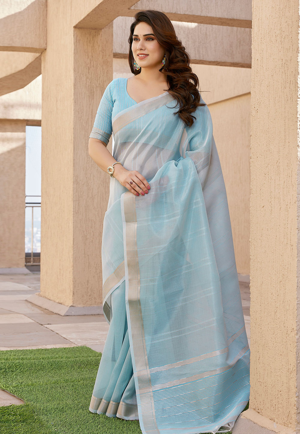 Sky Blue Tissue Saree With Blouse 321654