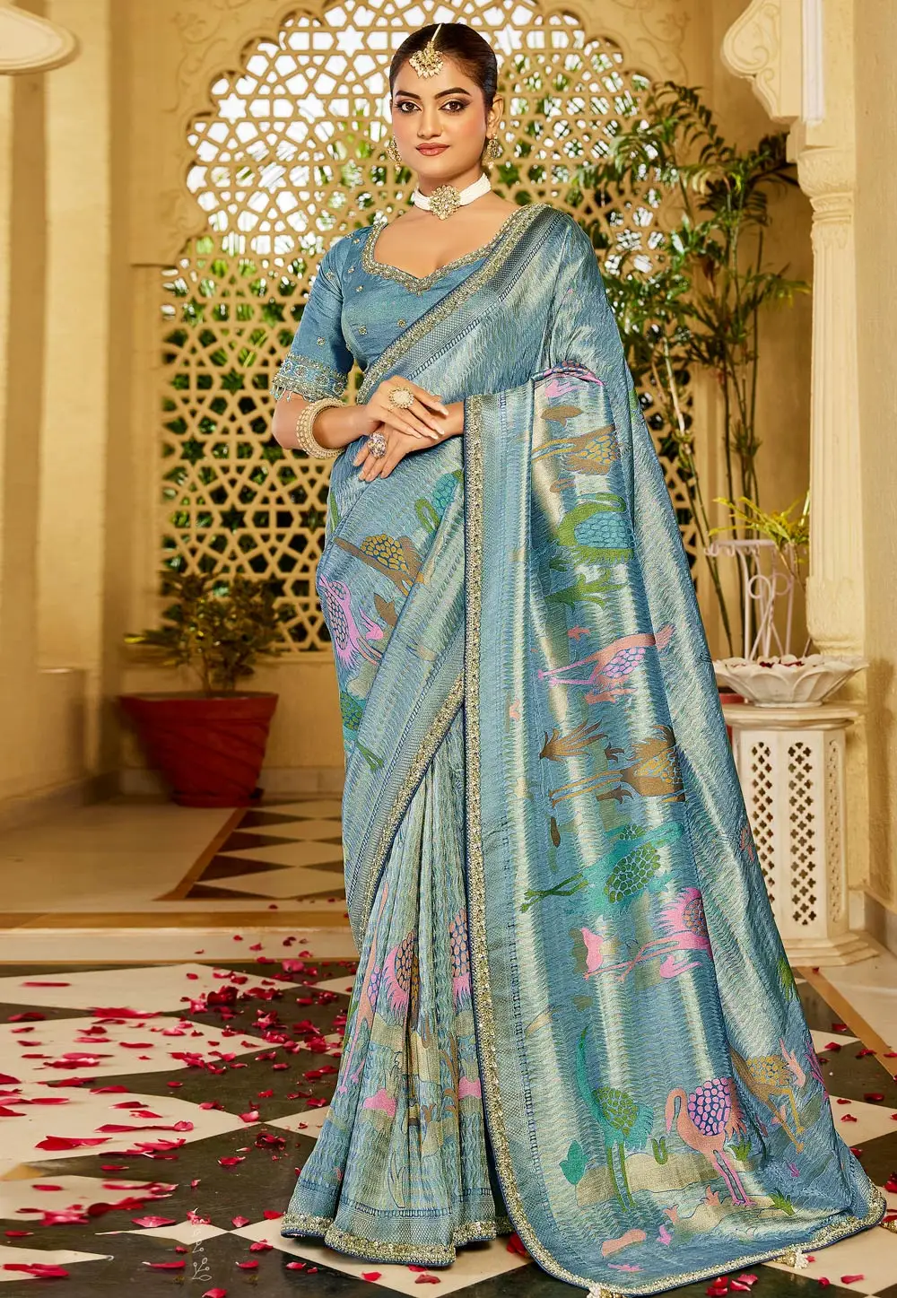 Sky Blue Tissue Saree With Blouse 331155