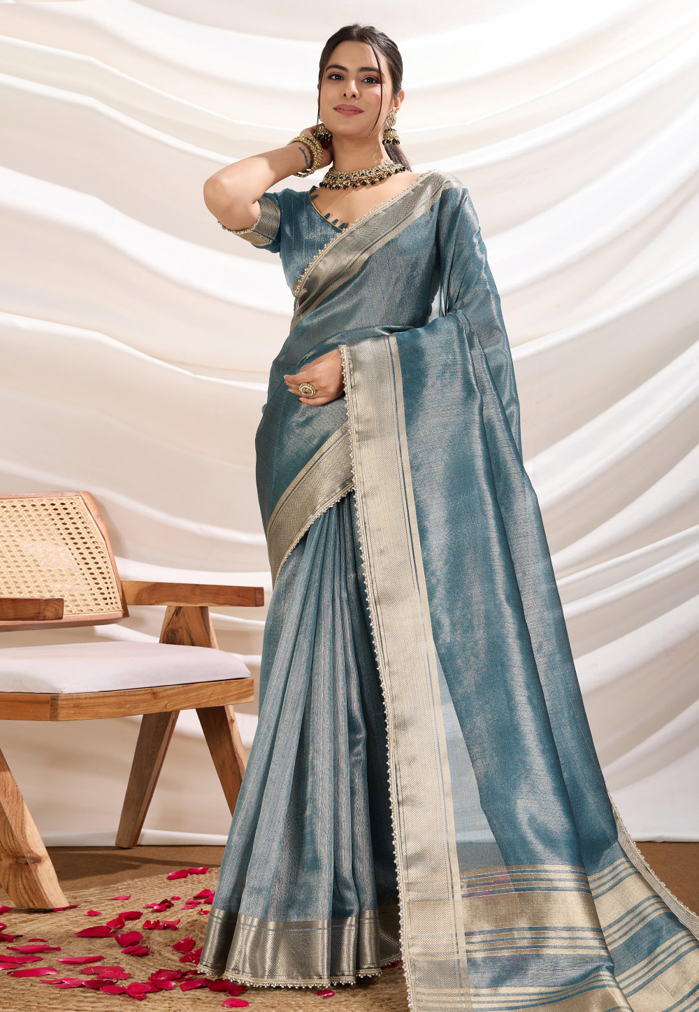 Sky Blue Tissue Saree With Blouse 307253