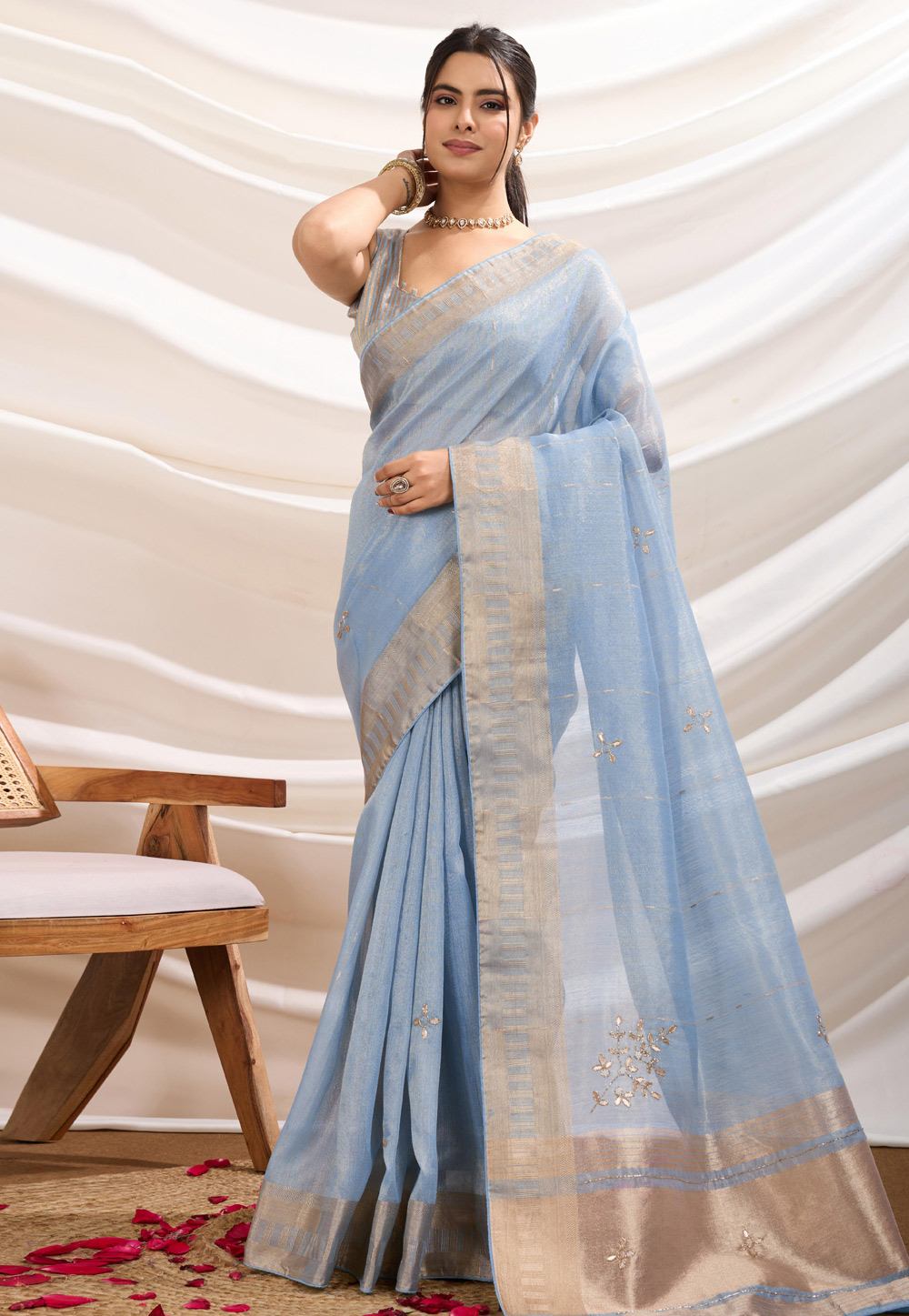 Sky Blue Tissue Saree With Blouse 307251
