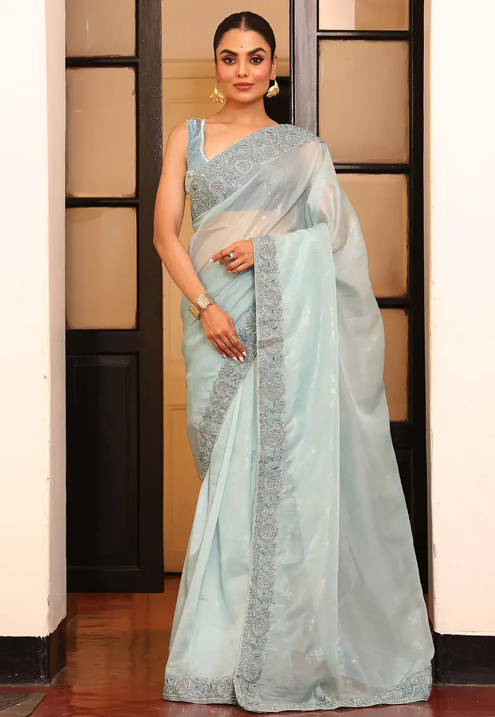Sky Blue Tissue Saree With Blouse 319839