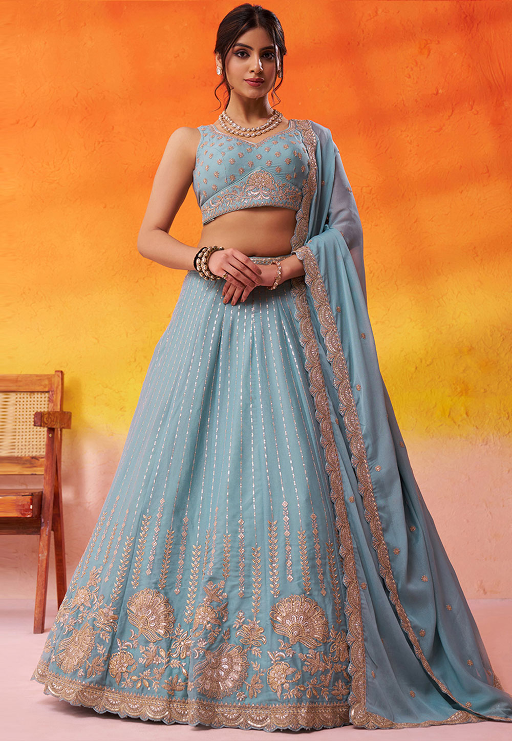 Sky Blue Tissue Silk Lehenga Choli For Wedding 320974
