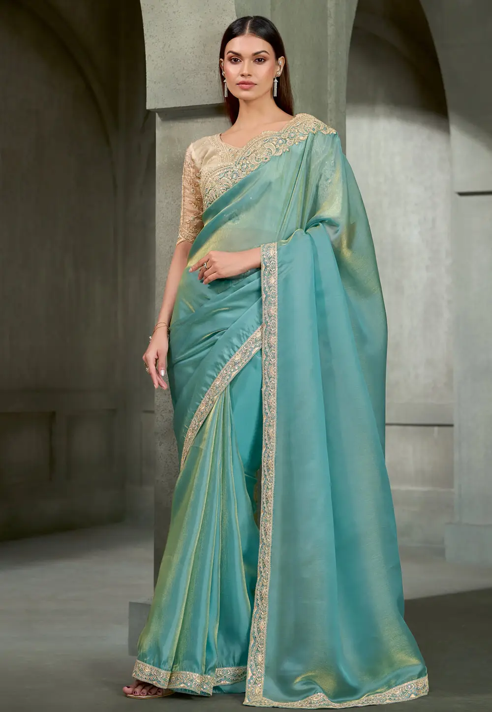Sky Blue Tissue Silk Saree With Blouse 335321