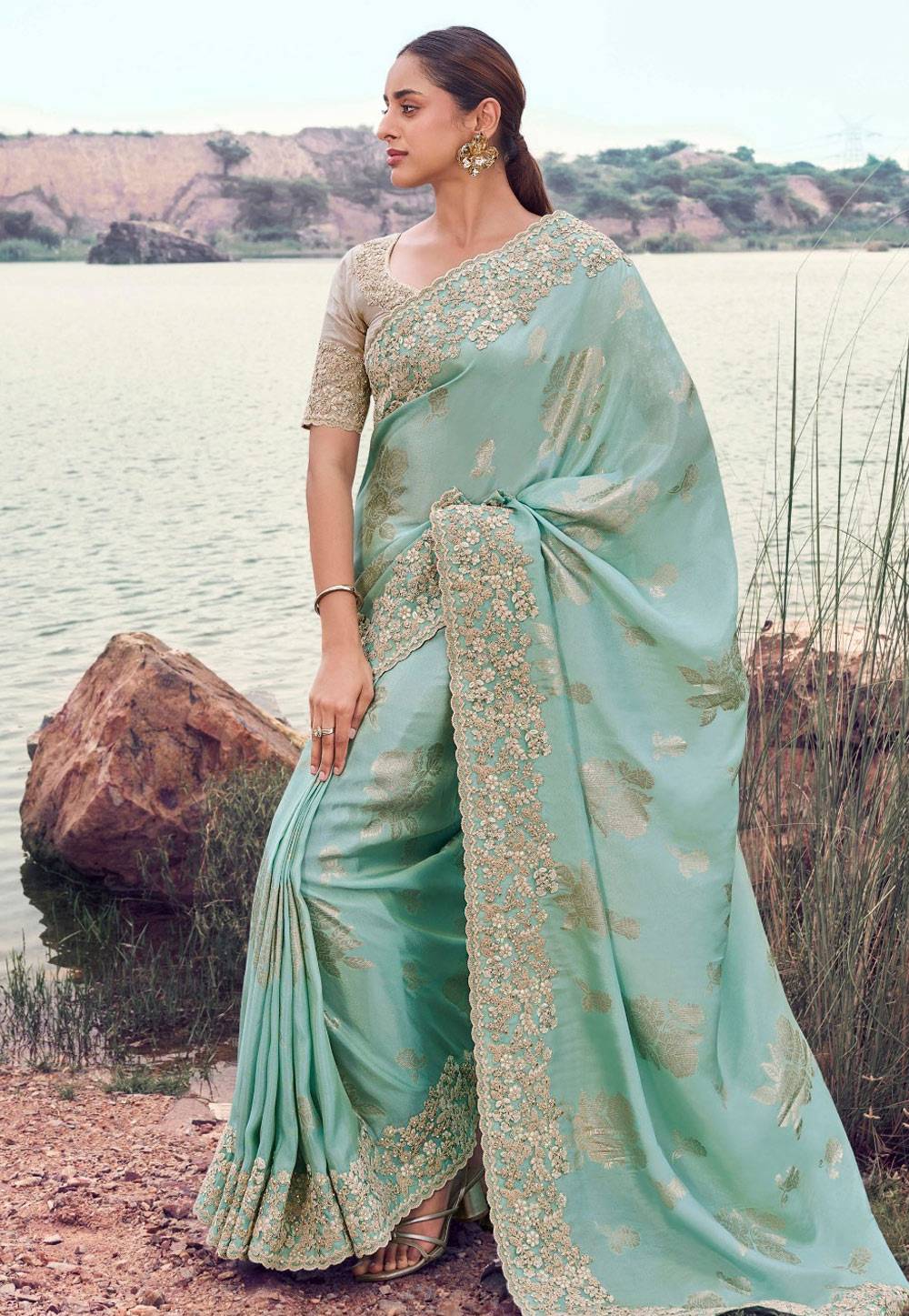 Sky Blue Tissue Silk Saree With Blouse 319730