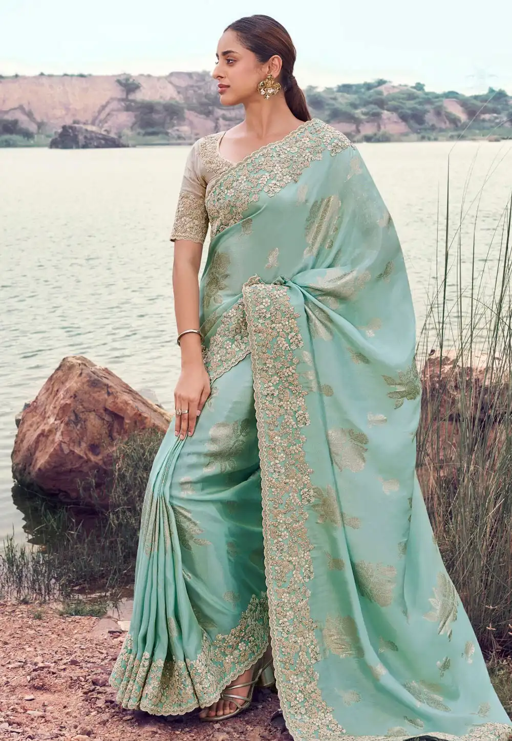 Sky Blue Tissue Silk Saree With Blouse 319730