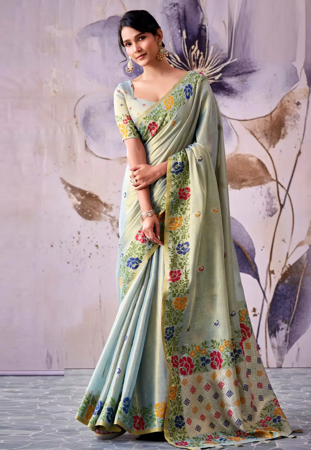 Sky Blue Tissue Silk Saree With Blouse 332653