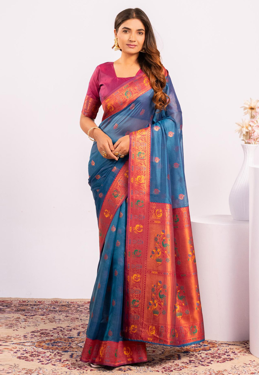 Sky Blue Tissue Silk Saree With Blouse 327743