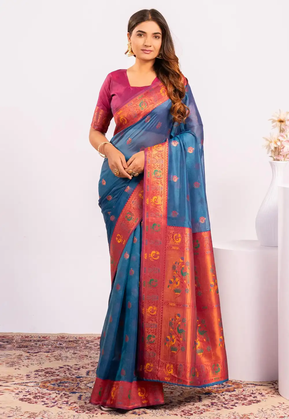 Sky Blue Tissue Silk Saree With Blouse 327743