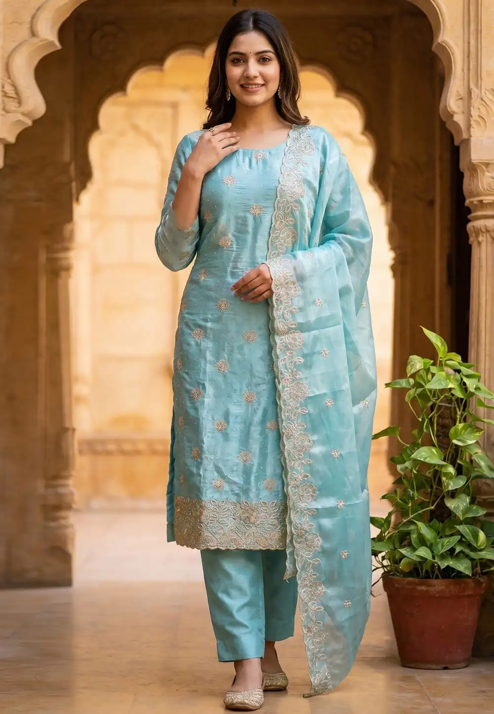 Sky Blue Tissue Silk Straight Suit 329585