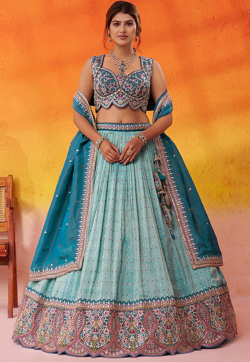 Sky Blue Tissue Wedding Lehenga Choli 320976