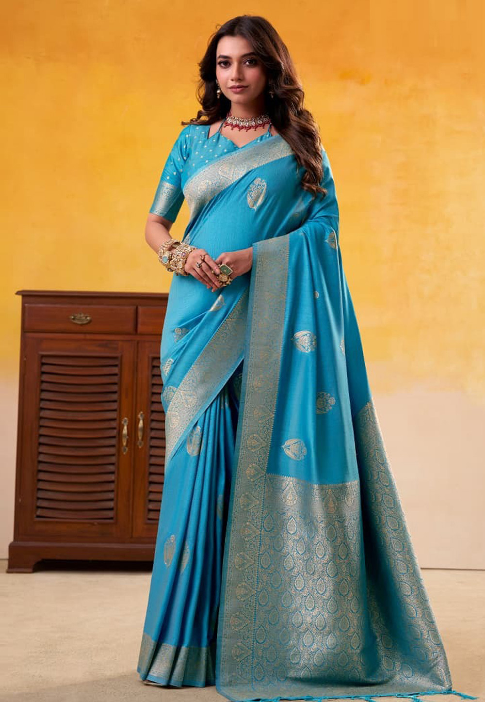 Sky Blue Tussar Saree With Blouse 322004