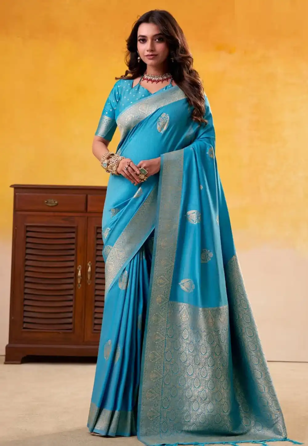 Sky Blue Tussar Saree With Blouse 322004