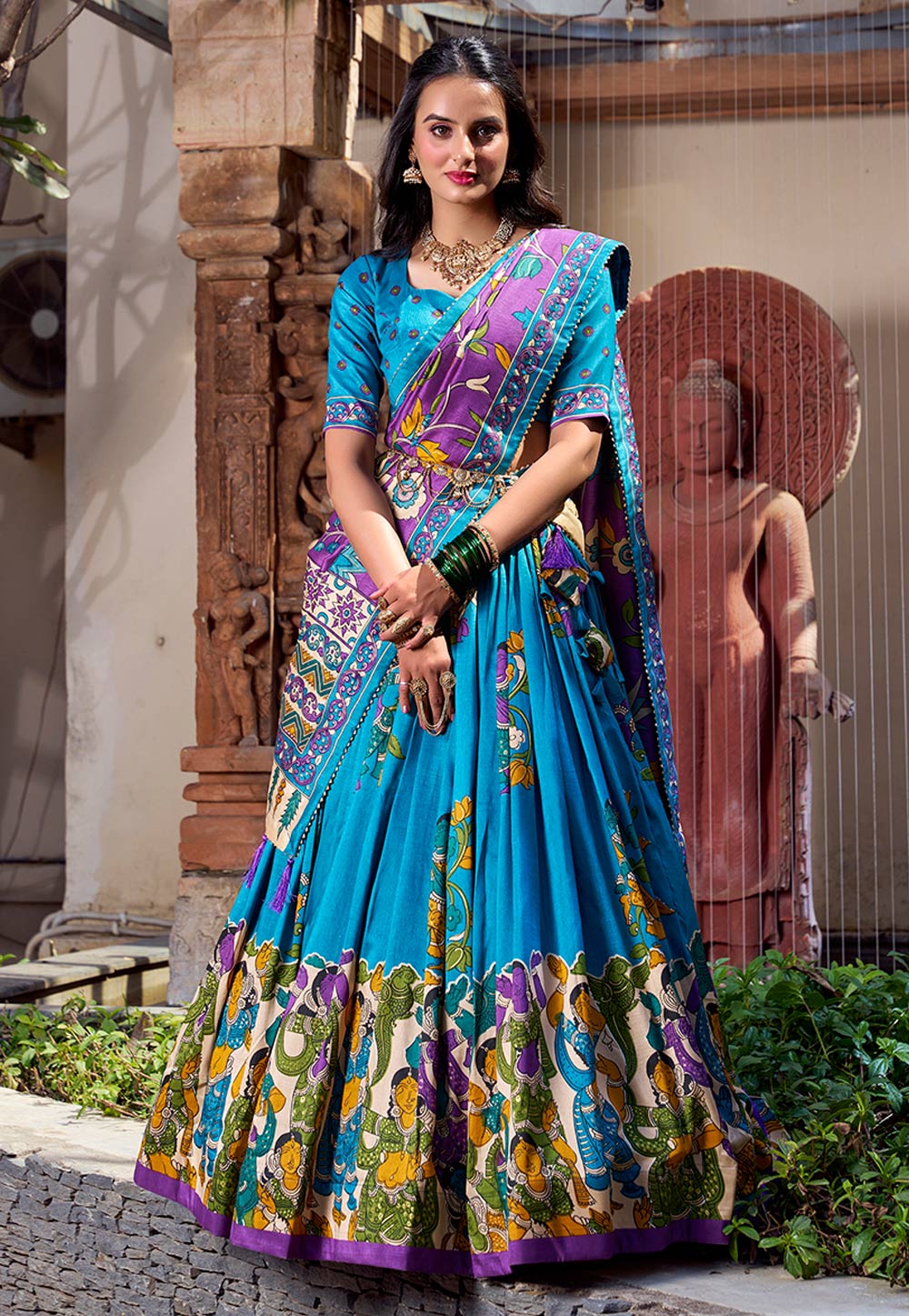 Sky Blue Tussar Silk Circular Lehenga Choli 307519
