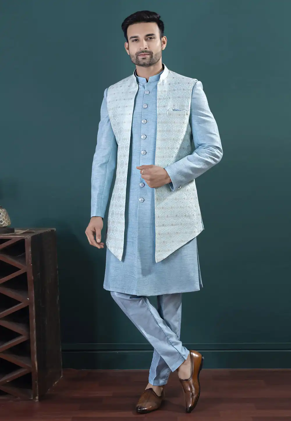 Sky Blue Tussar Silk Indo Western Suit 317830