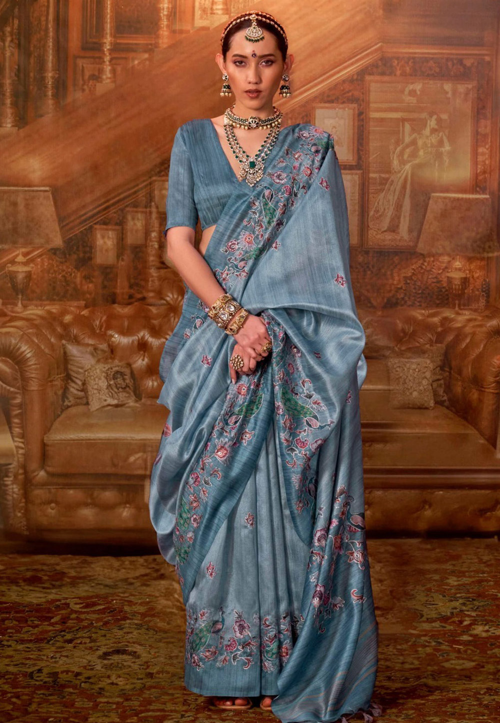 Sky Blue Tussar Silk Saree With Blouse 322134