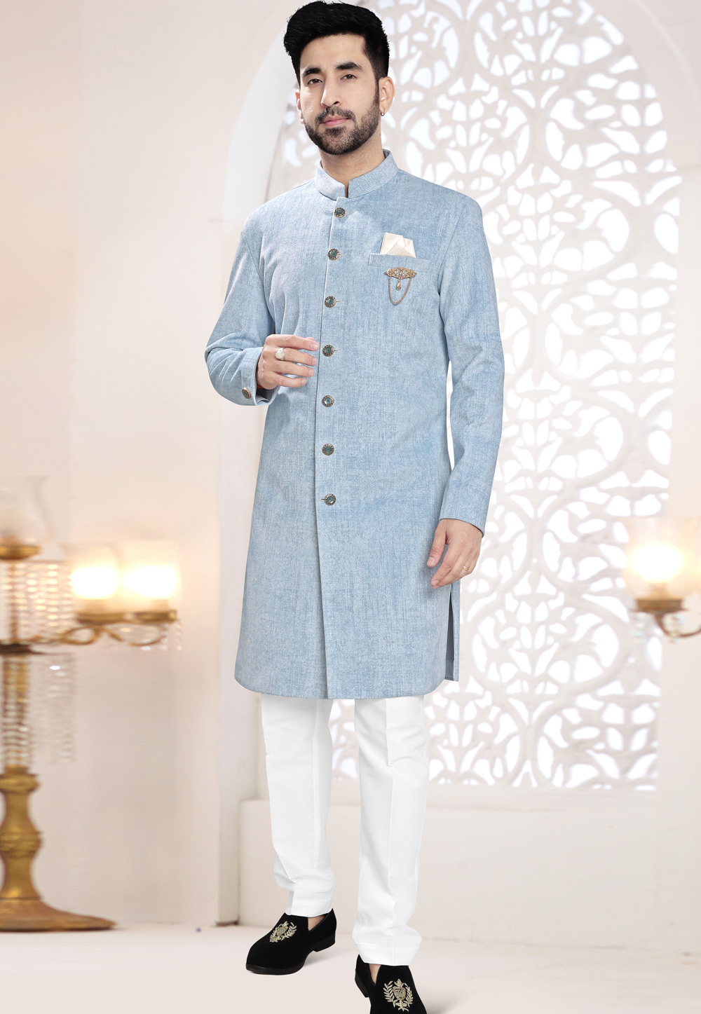 Sky Blue Velvet Indo Western Suit 306432