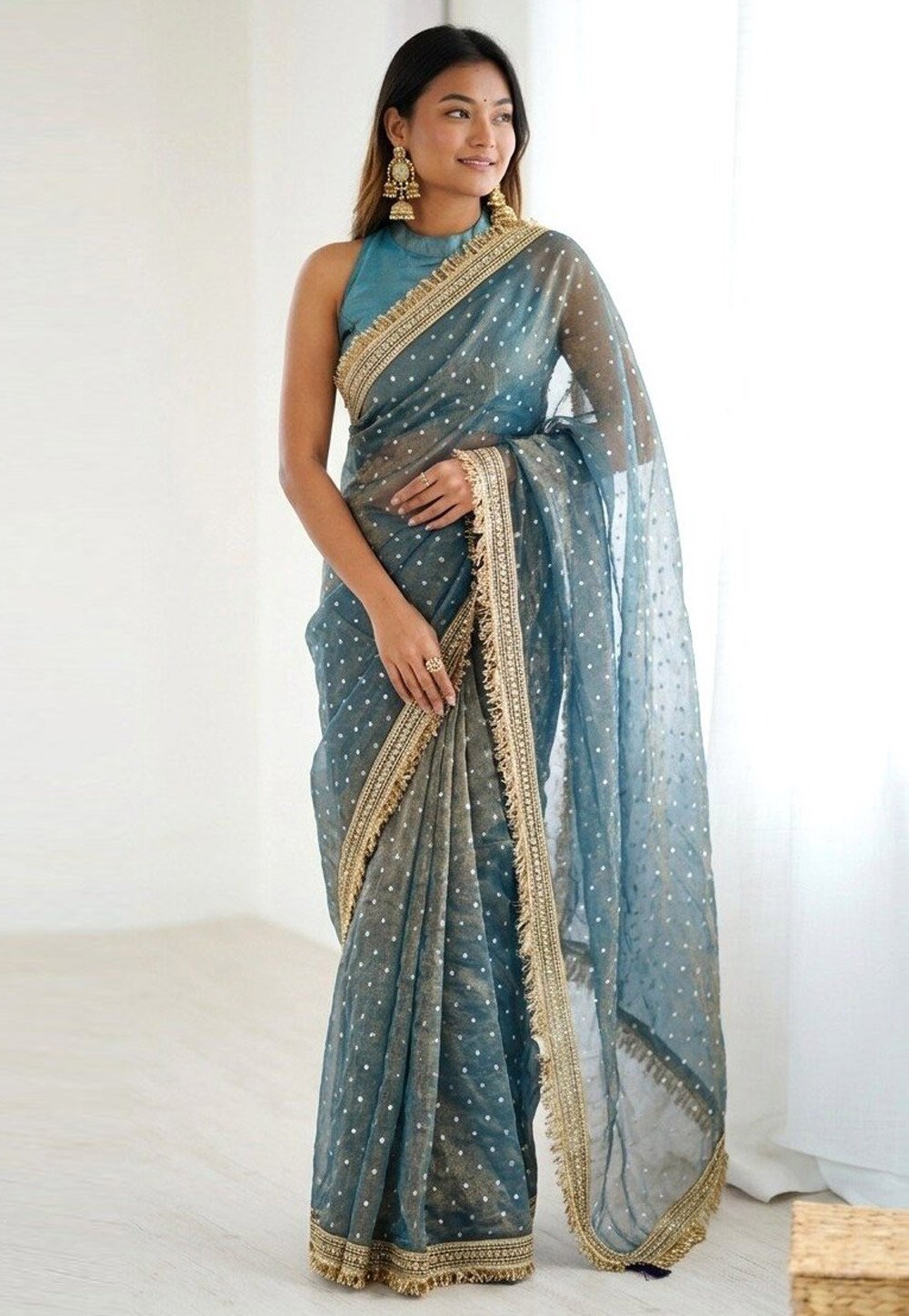 Sky Blue Viscose Jacquard Saree With Blouse 328625