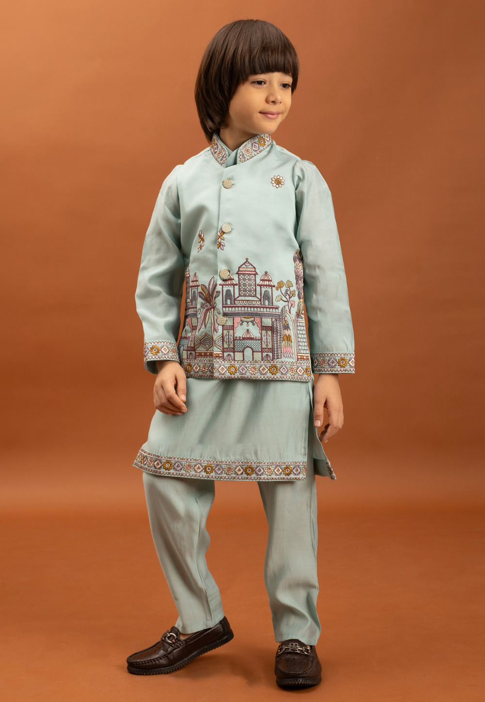 Sky Blue Viscose Kids Kurta Pajama With Jacket 316415
