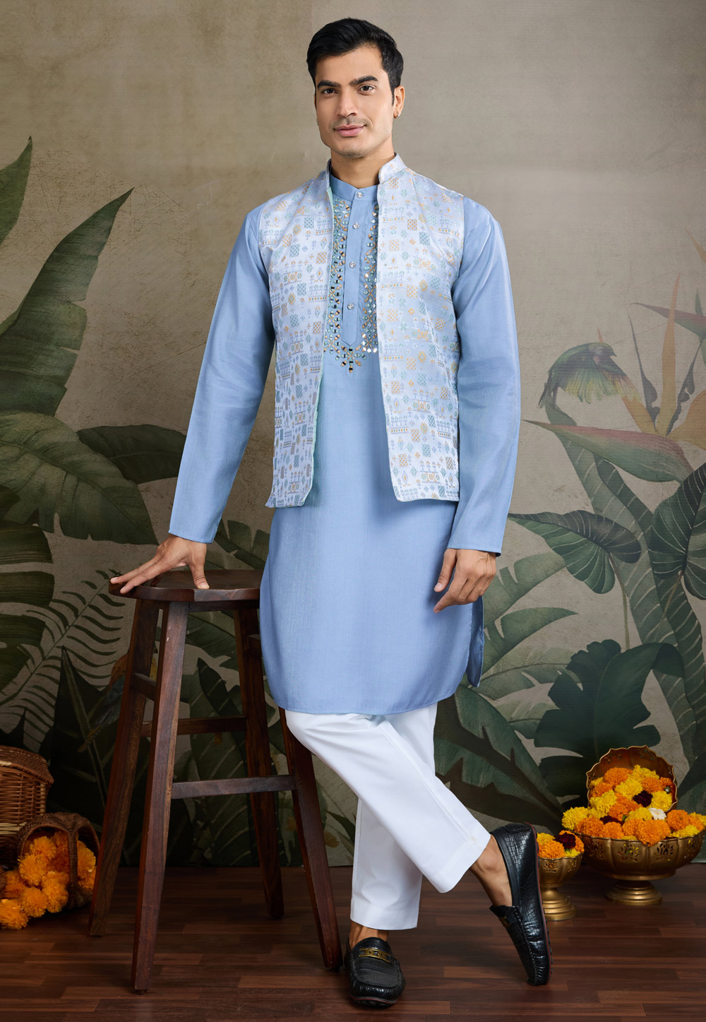 Sky Blue Viscose Kurta Pajama With Jacket 311441