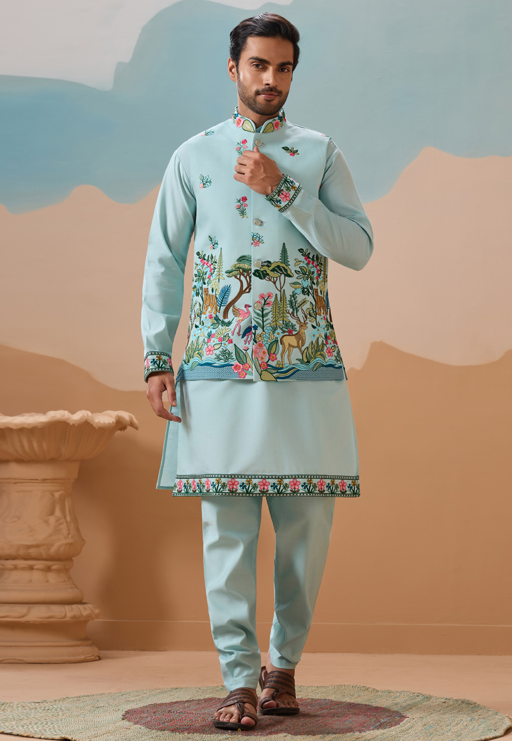 Sky Blue Viscose Kurta Pajama With Jacket 320862