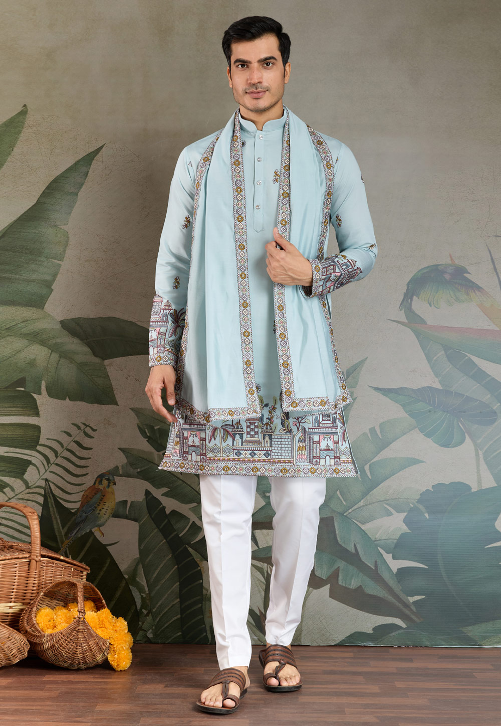 Sky Blue Viscose Kurta Pajama With Stole 311428