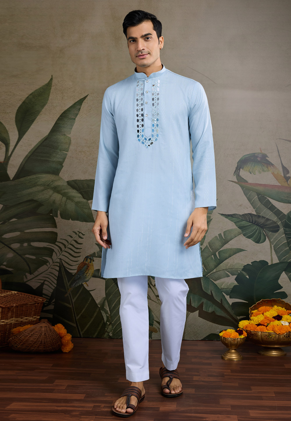 Sky Blue Viscose Kurta Pajama With Stole 311716