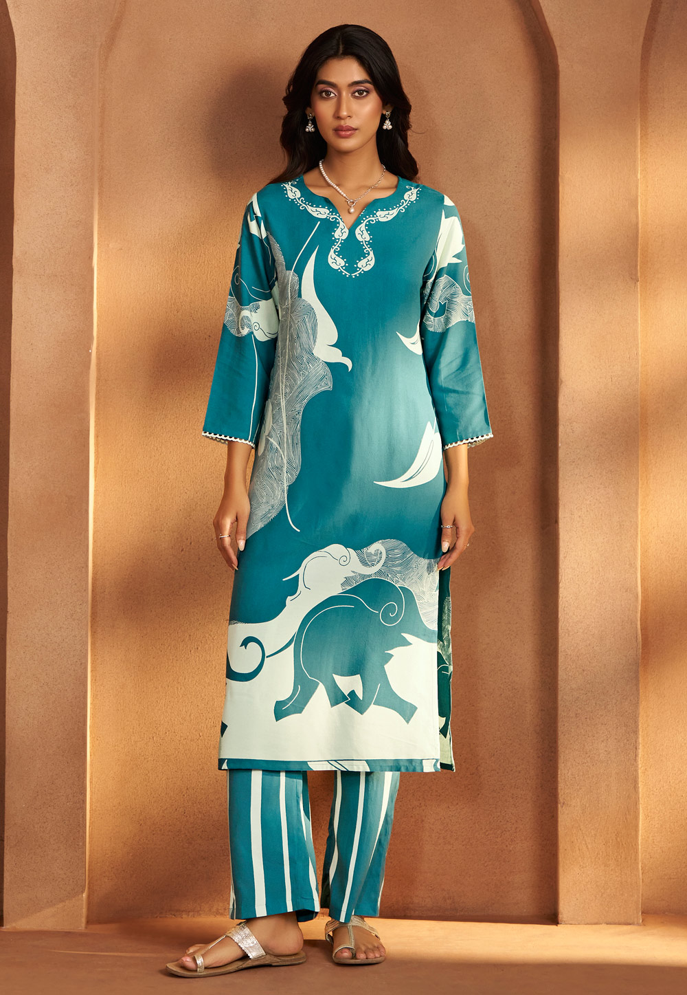 Sky Blue Viscose Rayon Printed Co-Ords Set 322675