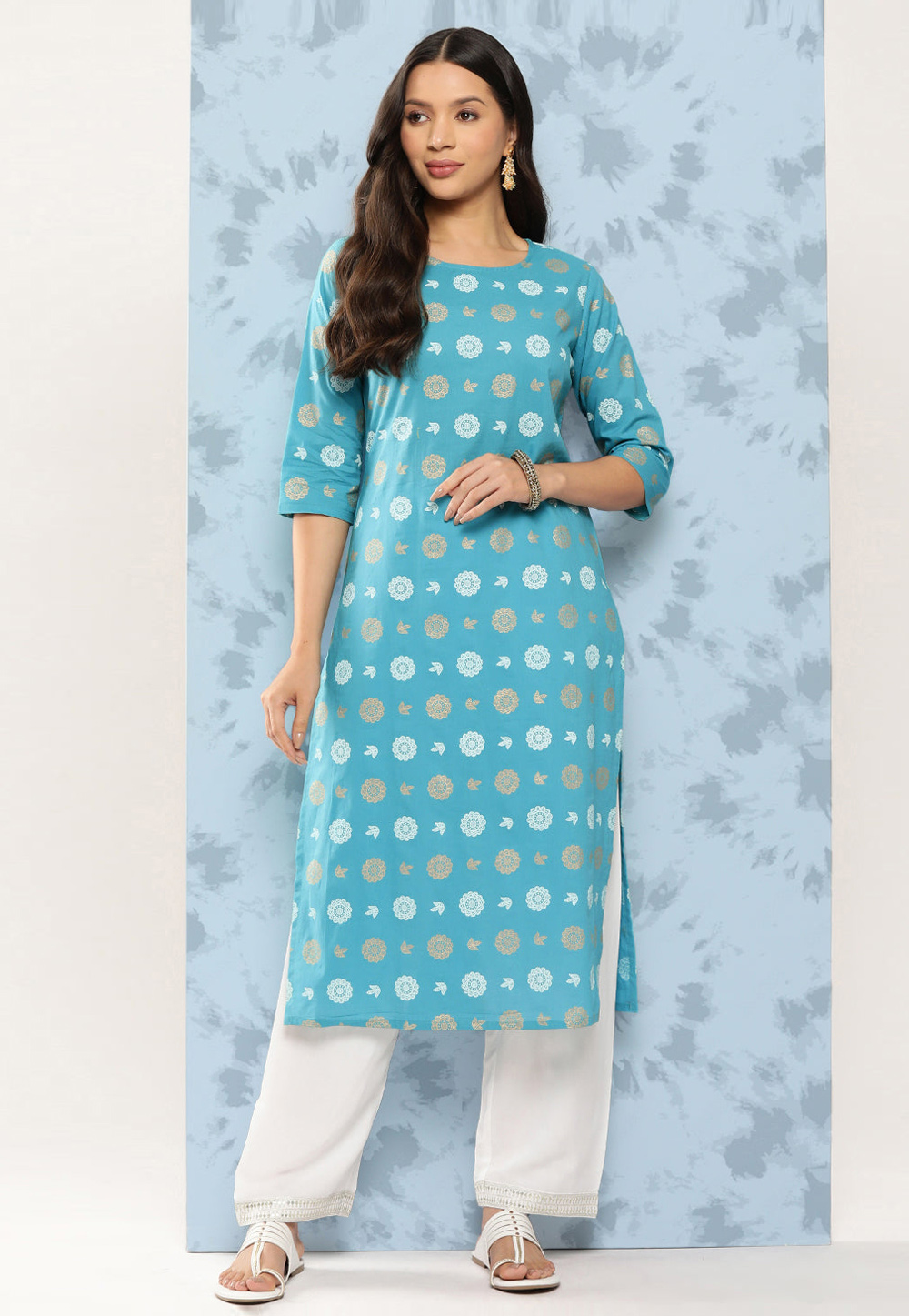 Sky Blue Viscose Rayon Printed Long Kurti 282701