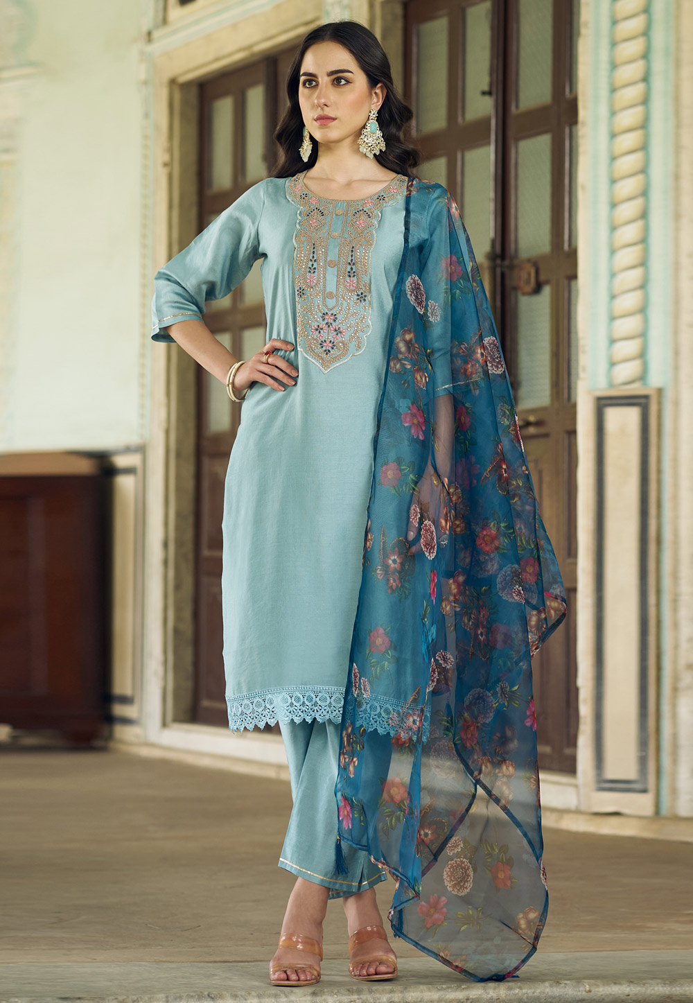 Sky Blue Viscose Rayon Readymade Pakistani Suit 325536