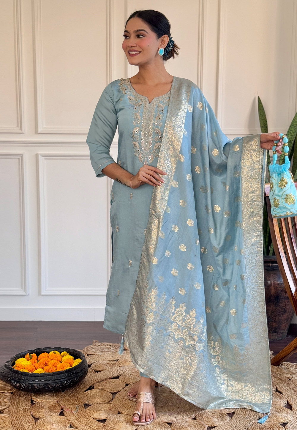 Sky Blue Viscose Readymade Pant Style Suit 311334