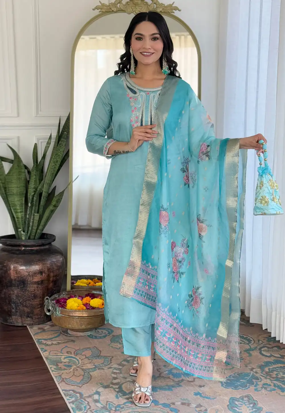 Sky Blue Viscose Readymade Pant Style Suit 317275