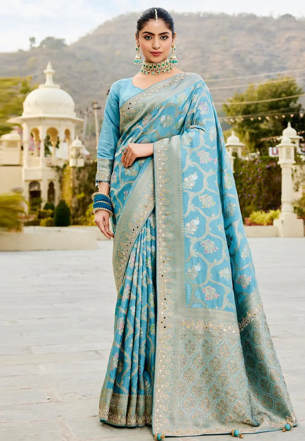 Sky Blue Viscose Saree With Blouse 331148