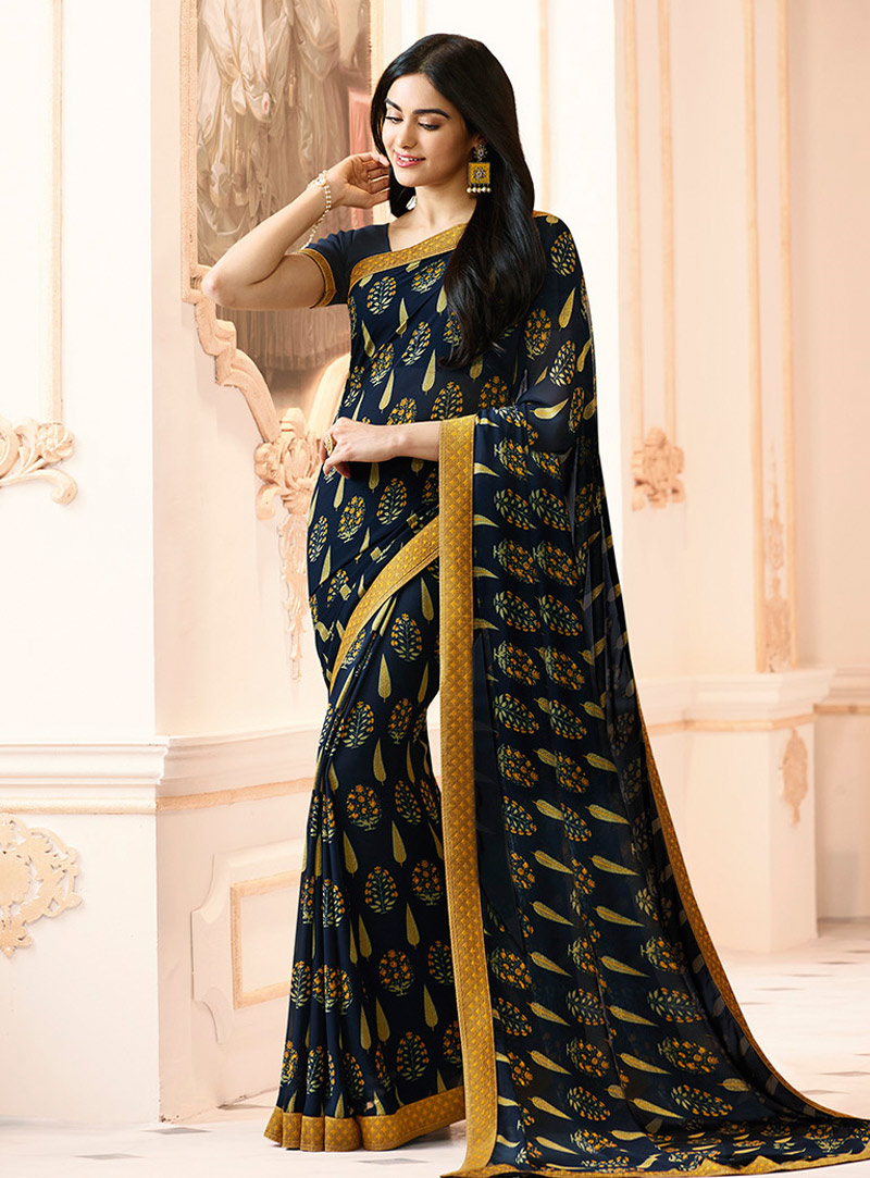 Adah Sharma Navy Blue Georgette Printed Saree With Blouse 126087